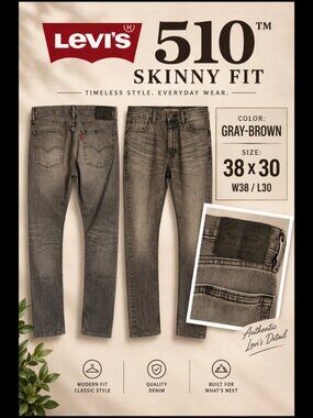 LEVI'S 510 SKINNY FIT GREY JEANS SIZE 38x30